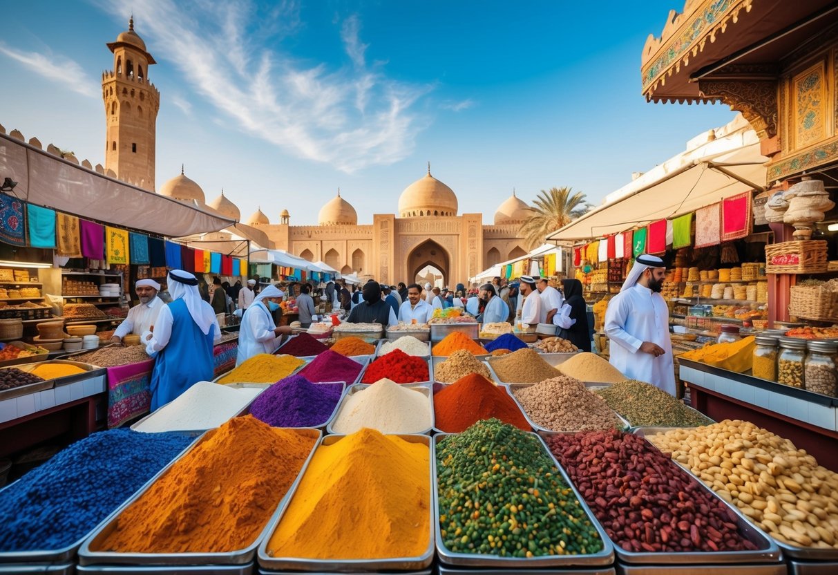 A bustling Middle-Eastern market with colorful textiles, ornate pottery, and exotic spices on display, surrounded by ancient architecture and vibrant cultural landmarks