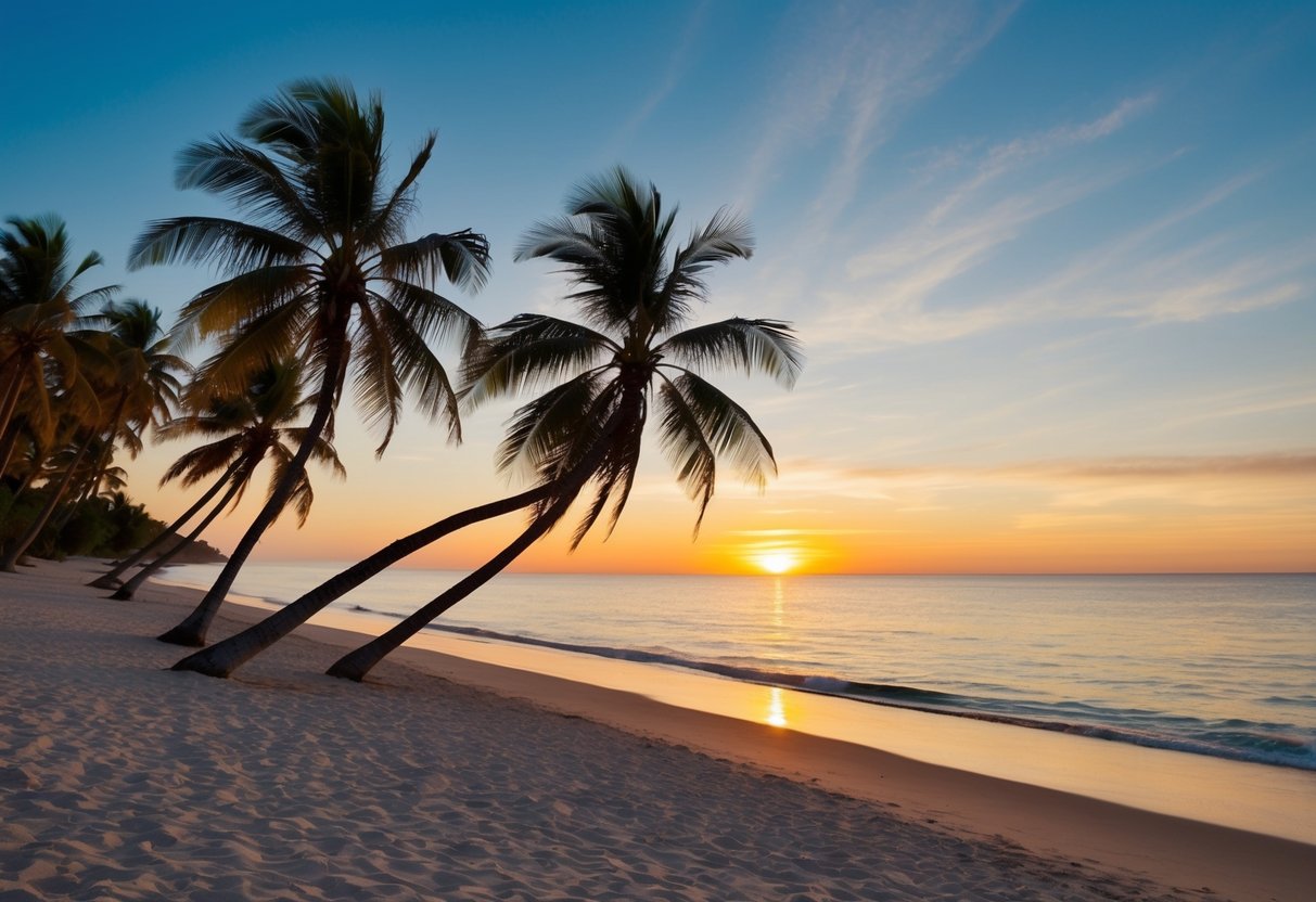 A tranquil beach at sunset, with palm trees swaying in the breeze and the ocean glistening in the golden light