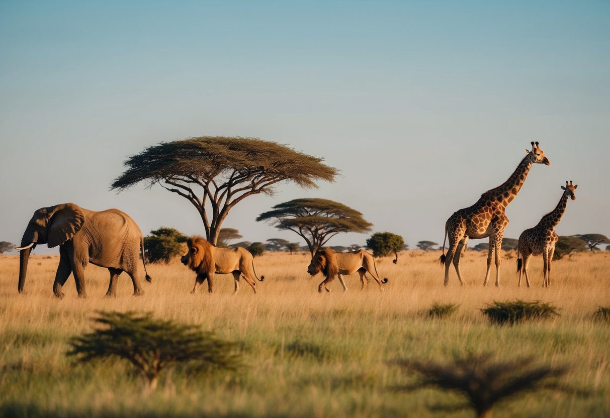 African savanna with diverse wildlife, including elephants, giraffes, and lions, under a clear blue sky