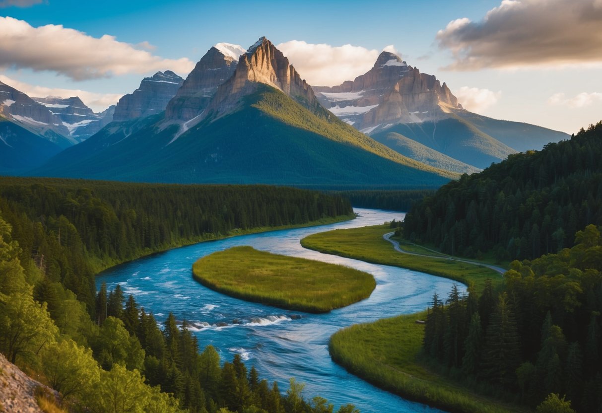 A majestic mountain range overlooks a winding river, surrounded by lush forests and vibrant wildlife