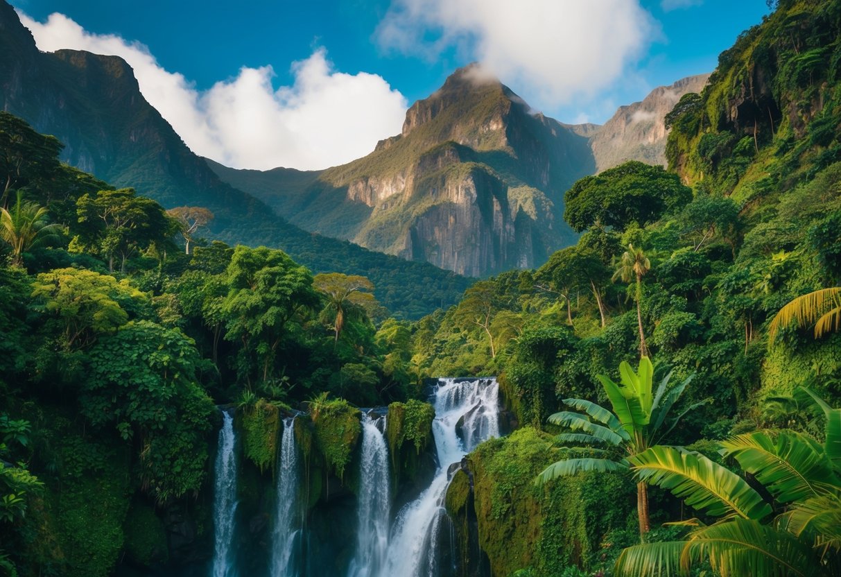 A lush rainforest with exotic wildlife, cascading waterfalls, and rugged mountains, showcasing the beauty of South American expeditions