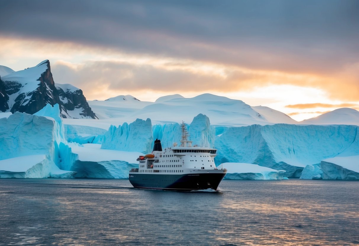 A ship sails through icy waters, surrounded by towering glaciers and snow-capped mountains, under the mesmerizing glow of the Antarctic sun