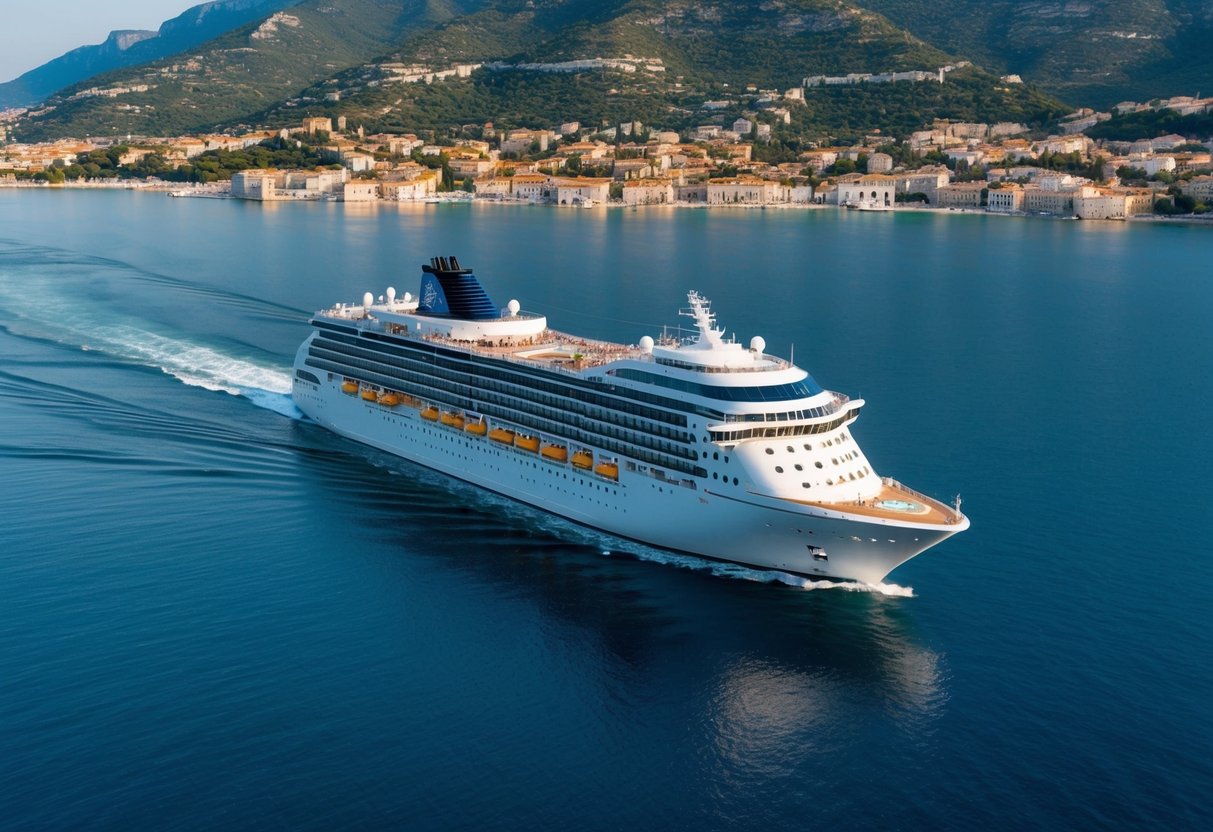 A luxurious cruise ship glides through calm blue waters, surrounded by picturesque Mediterranean coastline and dotted with charming seaside villages