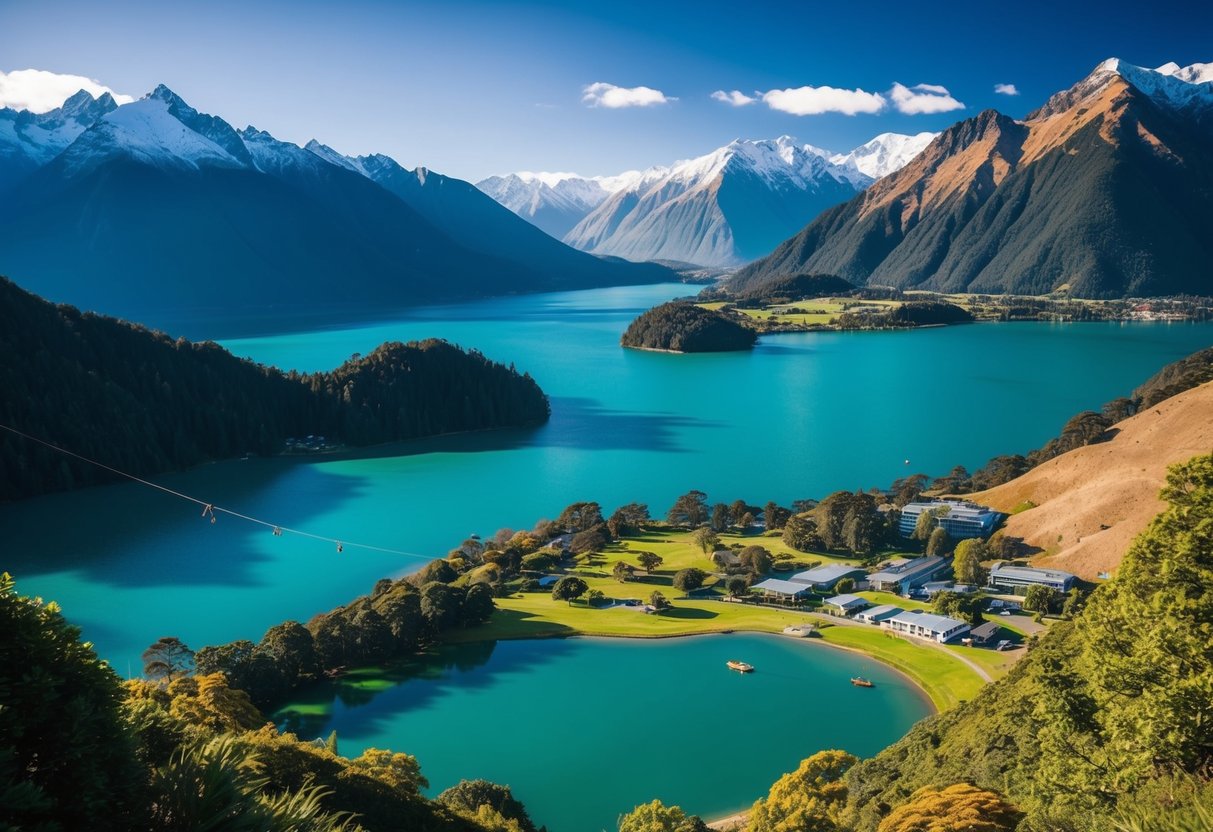 A stunning landscape of New Zealand's mountains, lakes, and forests, with adventure activities such as hiking, bungee jumping, and kayaking