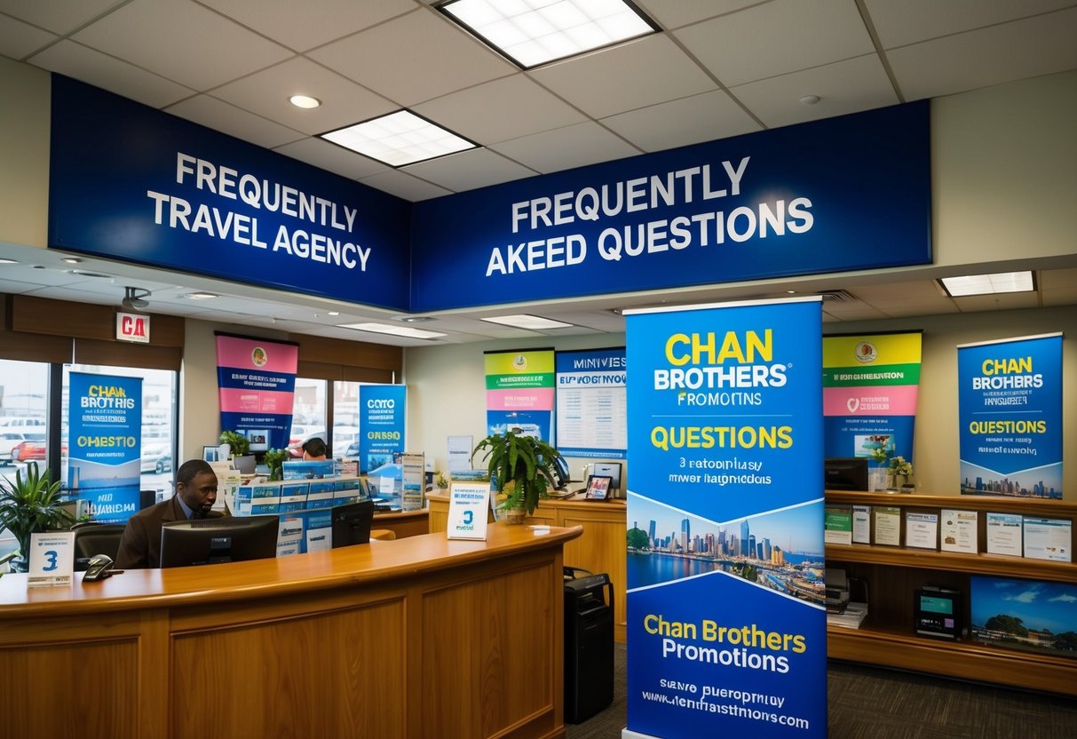 A bustling travel agency with a prominent "Frequently Asked Questions" section and colorful banners advertising Chan Brothers promotions