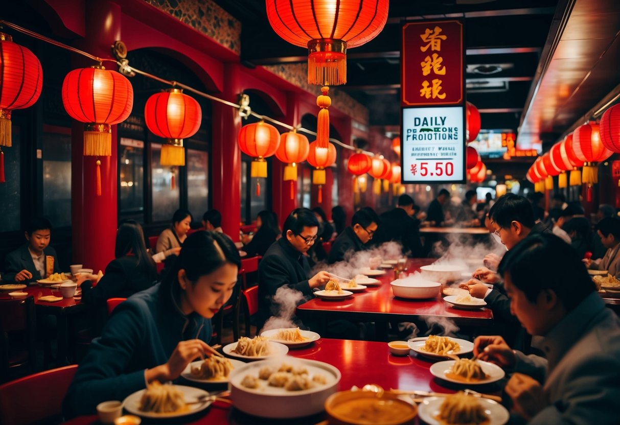 A bustling Chinese restaurant with red lanterns, tables filled with steaming dim sum, and a sign advertising daily promotions