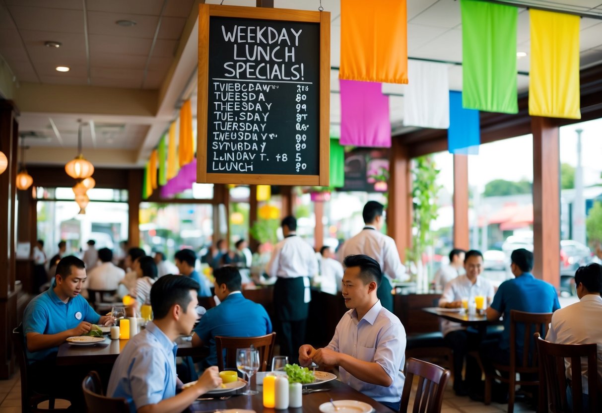 A bustling Chinese restaurant with colorful banners and a chalkboard sign advertising weekday lunch specials. Customers dining at tables and servers moving between them