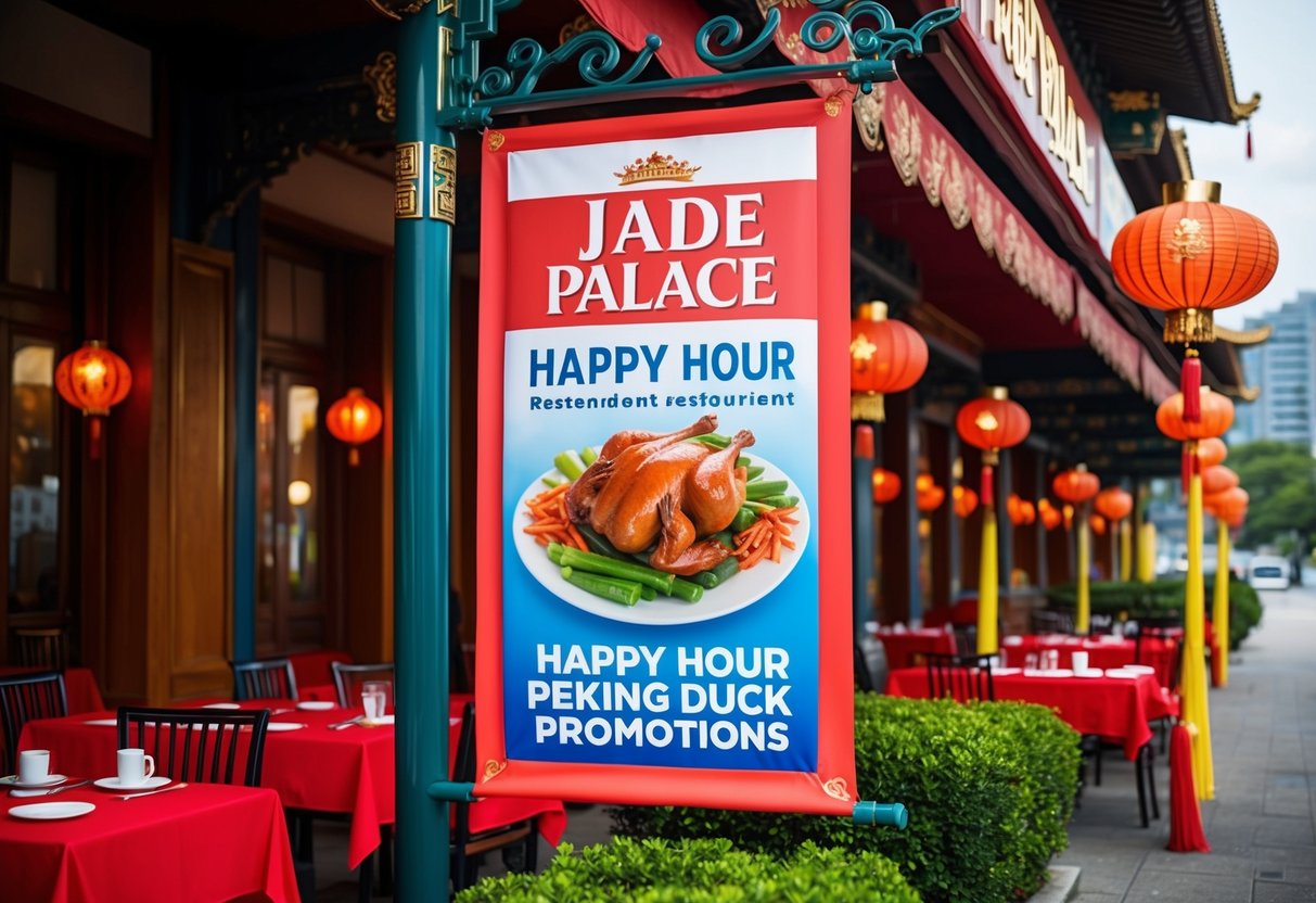 A colorful banner outside Jade Palace restaurant advertises Happy Hour Peking Duck promotions. Tables are set with vibrant red tablecloths and decorative lanterns