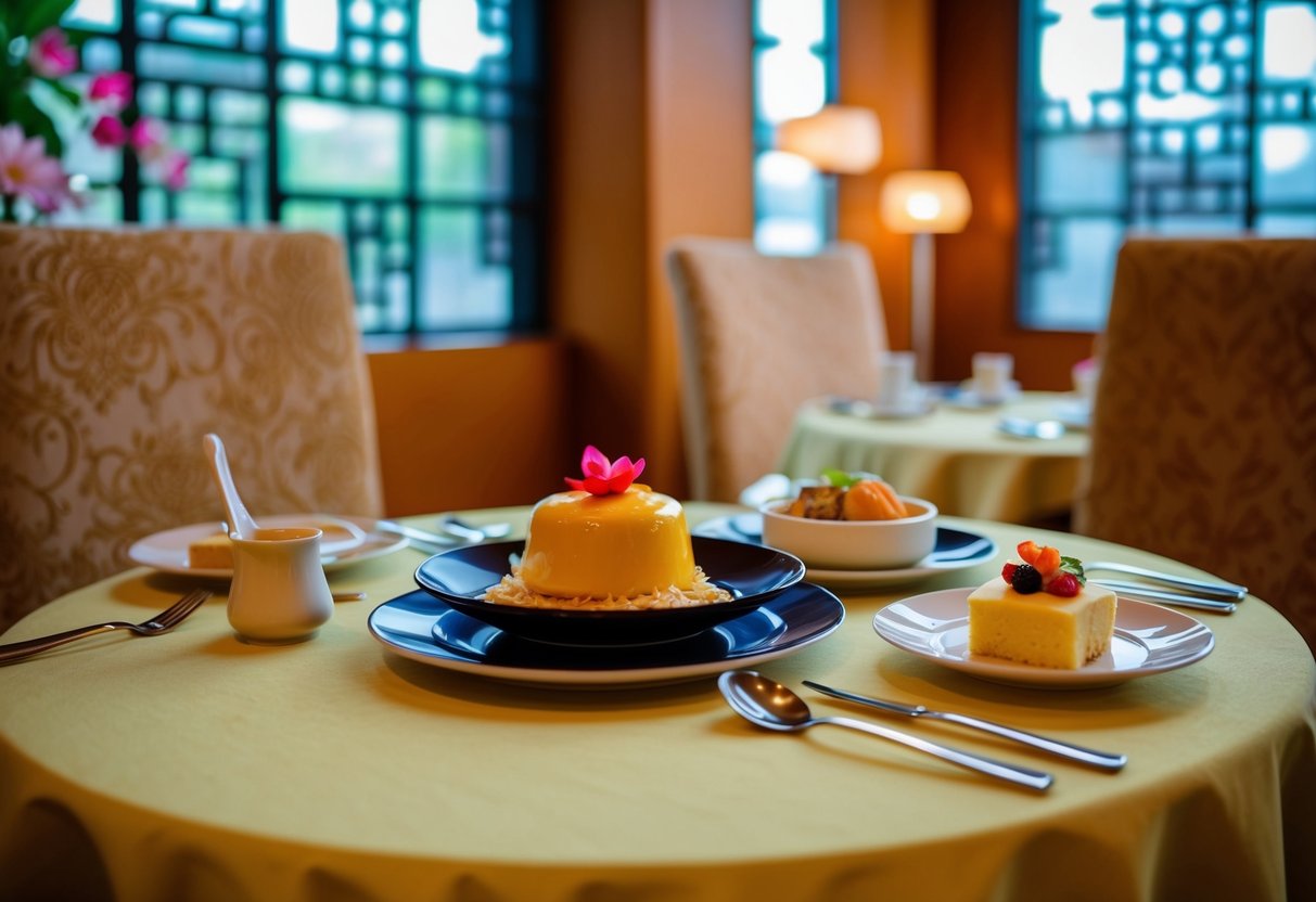 A table set with a traditional Chinese meal, featuring a complimentary dessert, at Lotus Blossom restaurant
