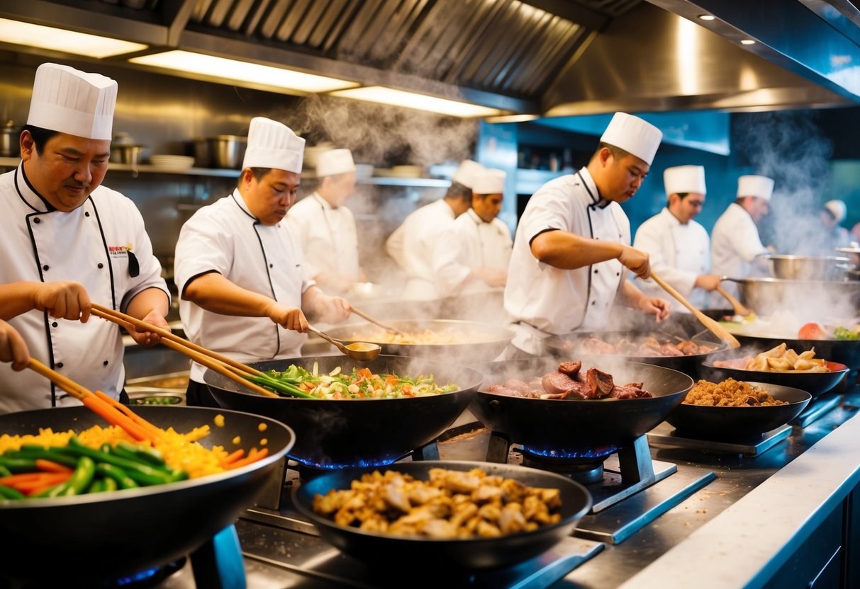 A bustling restaurant kitchen with chefs stir-frying colorful vegetables and sizzling meats in large woks, surrounded by steam and the aroma of Chinese spices