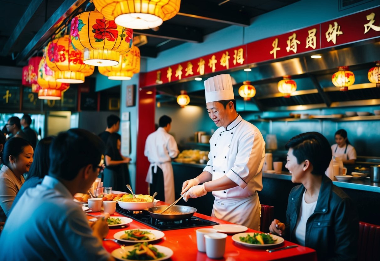 A bustling Chinese restaurant with vibrant decor, a chef cooking in an open kitchen, and customers enjoying their meals