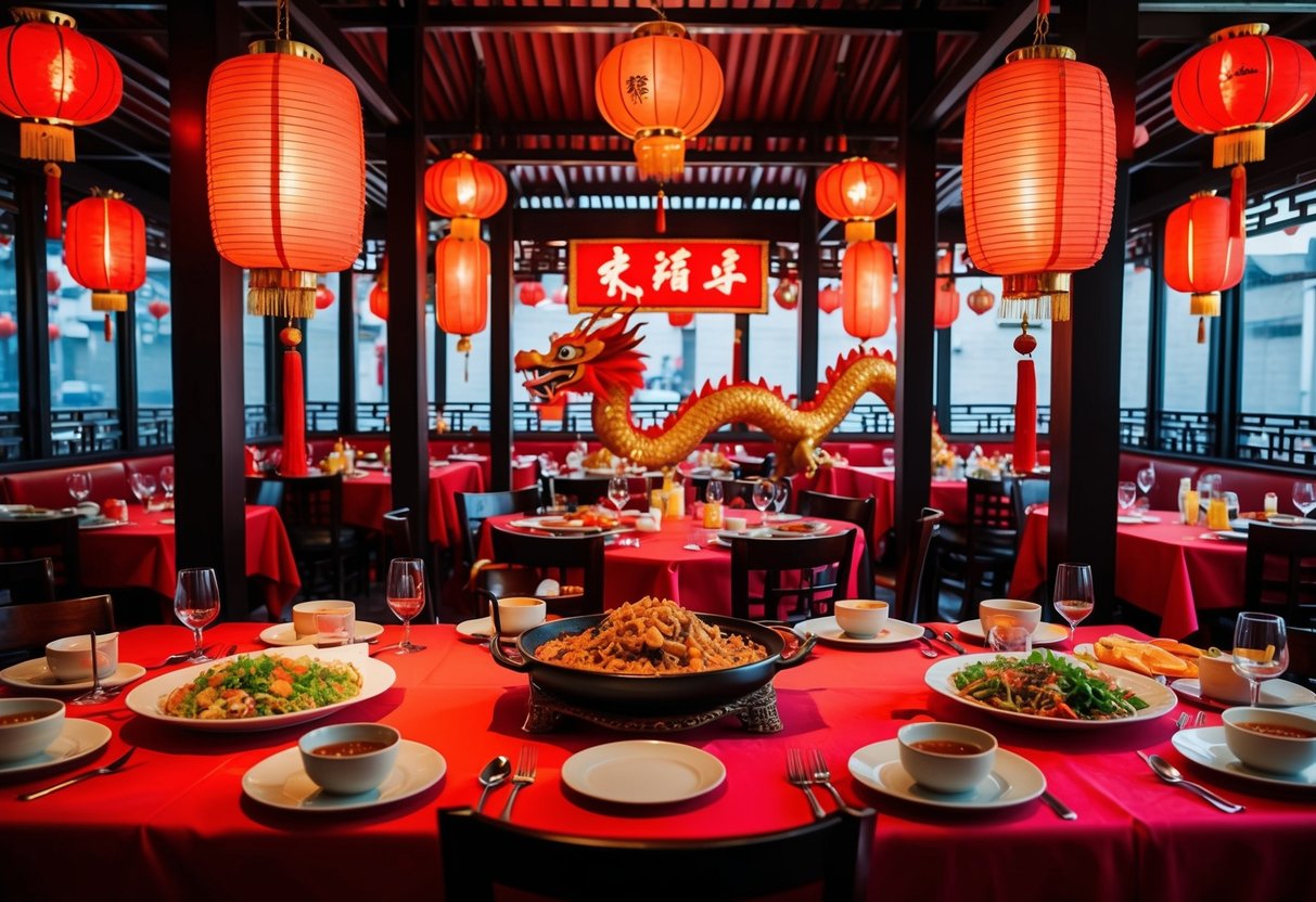 A festive Chinese restaurant with red lanterns, a dragon dance, and tables filled with traditional dishes for seasonal promotions