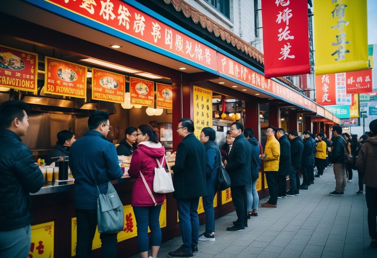 A bustling Chinese restaurant with colorful promotional banners and a line of customers waiting to ask about the latest promotions