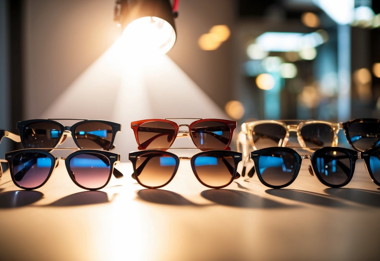 A display of sunglasses in various colors and styles, arranged neatly on a table with a bright spotlight shining on them