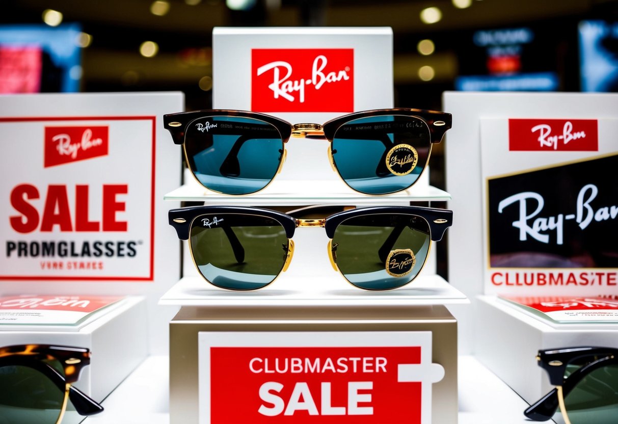 A display of Ray-Ban Clubmaster Sale sunglasses with promotional signs and banners