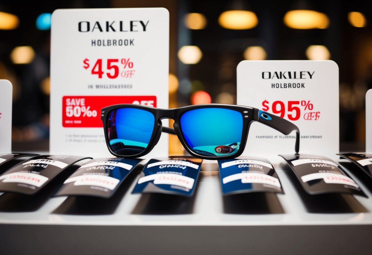 A display of Oakley Holbrook sunglasses with discount signs and promotional materials