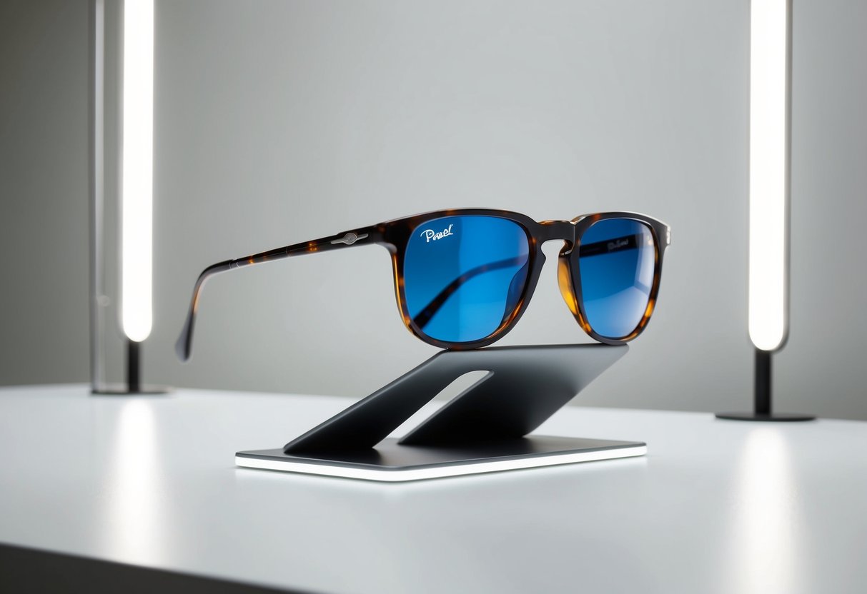 A pair of Persol 714SM sunglasses displayed on a sleek, modern promotional stand with bright lighting and a clean, minimalist backdrop