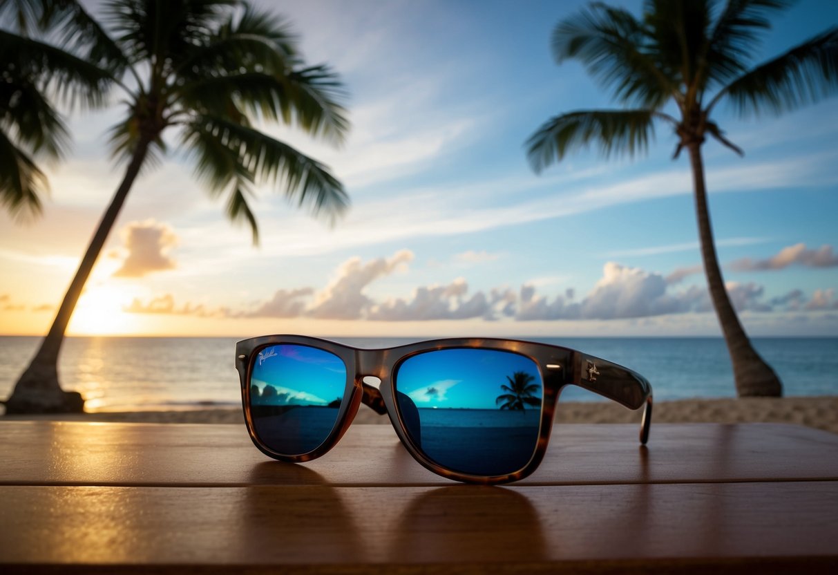 A tropical beach at sunset, with palm trees, a calm ocean, and a pair of Maui Jim Night Dive Deal sunglasses displayed on a wooden table