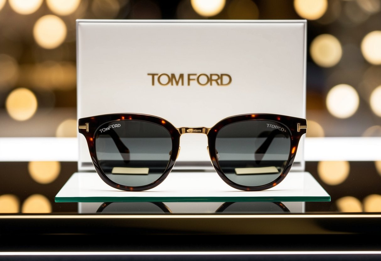 A display of Tom Ford Snowdon sunglasses with promotional signage