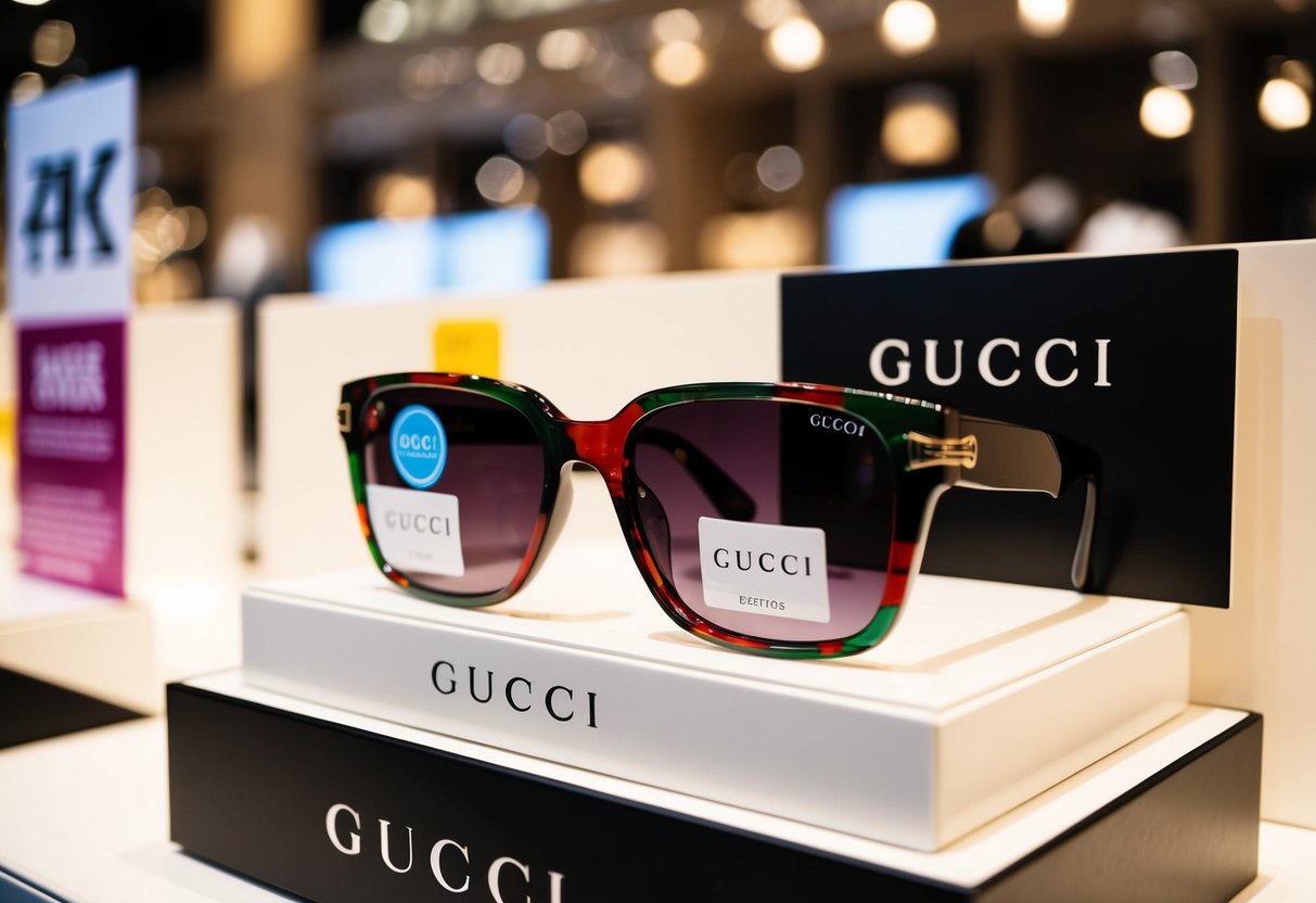 A display of Gucci GG1010S sunglasses with promotional signs and stickers