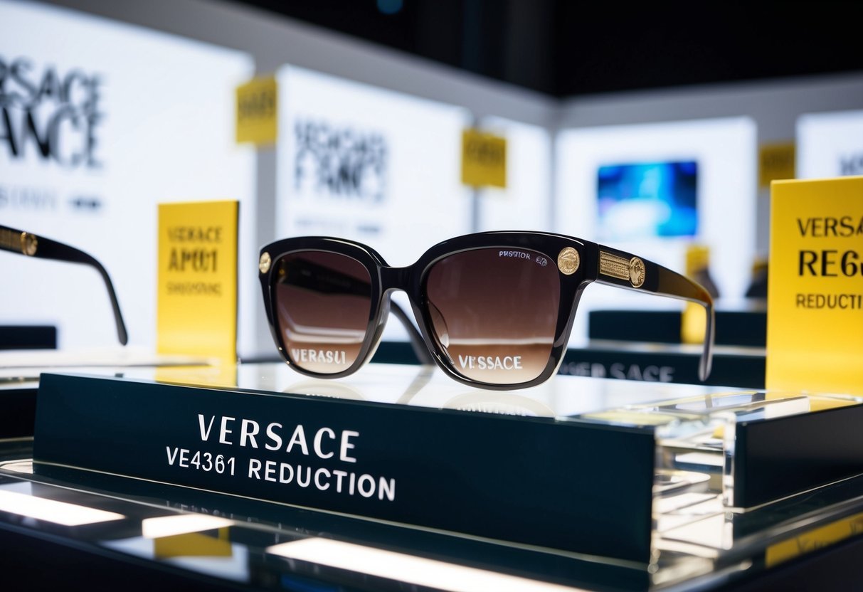 A sleek display of Versace VE4361 Reduction sunglasses surrounded by promotional signs and lighting