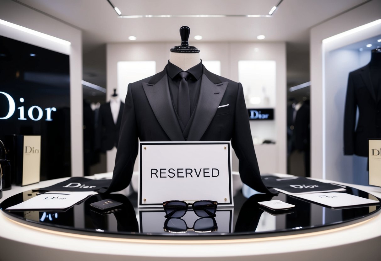 A sleek black Dior suit jacket and sunglasses displayed with a "RESERVED" sign, surrounded by promotional materials