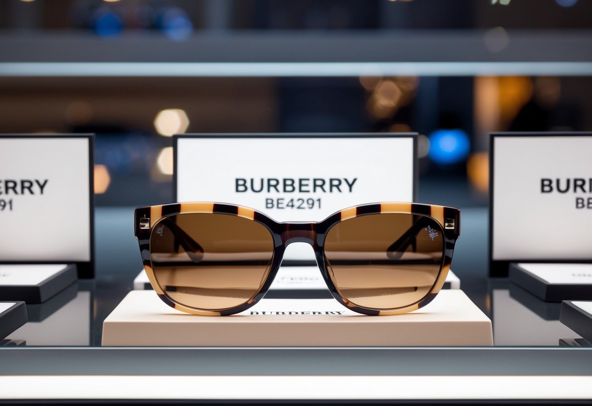 A display of Burberry BE4291 sunglasses with markdown promotions