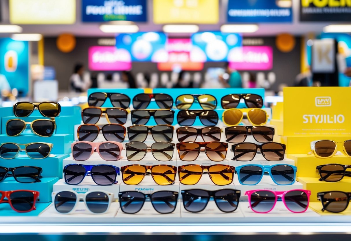 A vibrant display of sunglasses arranged in a variety of styles and colors, with promotional signs and banners adorning the background