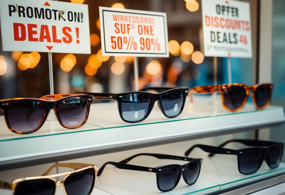A display of various sunglasses in a store window, with signs promoting discounts and deals