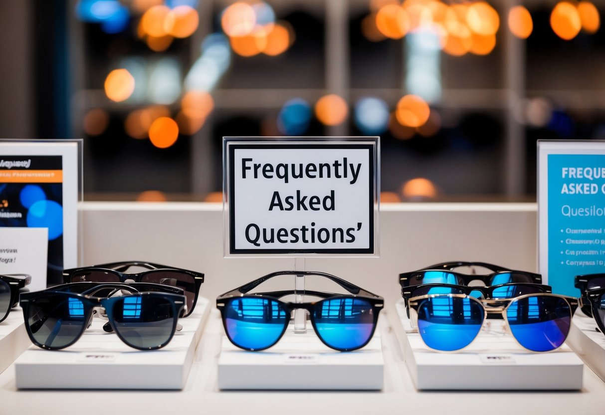 A display of sunglasses with a "Frequently Asked Questions" sign and promotional materials