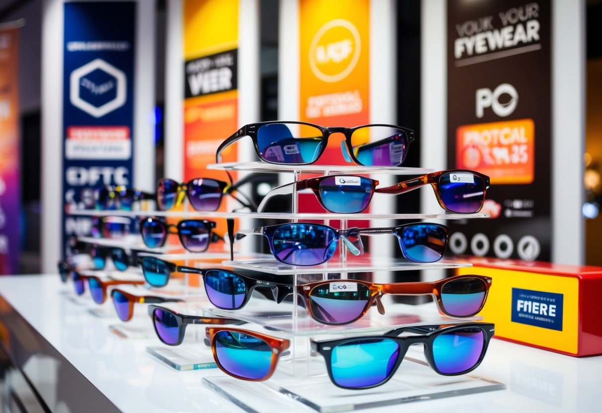 A colorful display of eyewear with promotional signs and banners