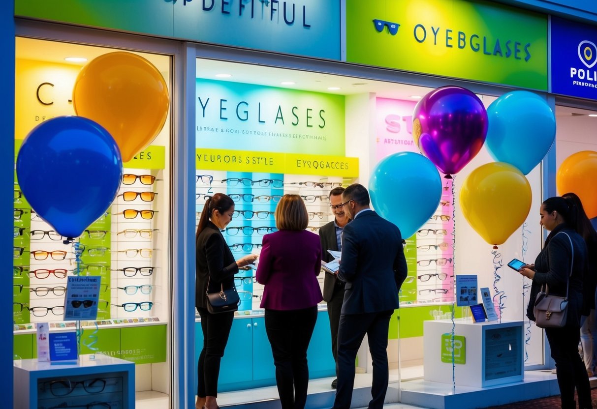 Brightly lit storefront with colorful display of eyeglasses, balloons, and signage. Customers browsing and staff assisting