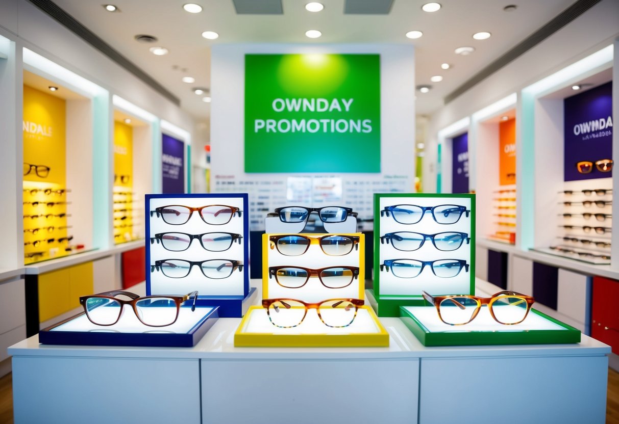 A brightly lit store with colorful displays of eyewear and prominent signage for OWNDAYS promotions