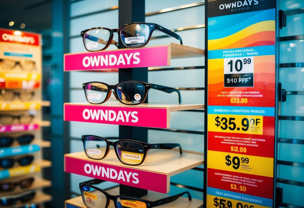 A vibrant display of OWNDAYS eyewear with colorful promotional signs and discounted prices