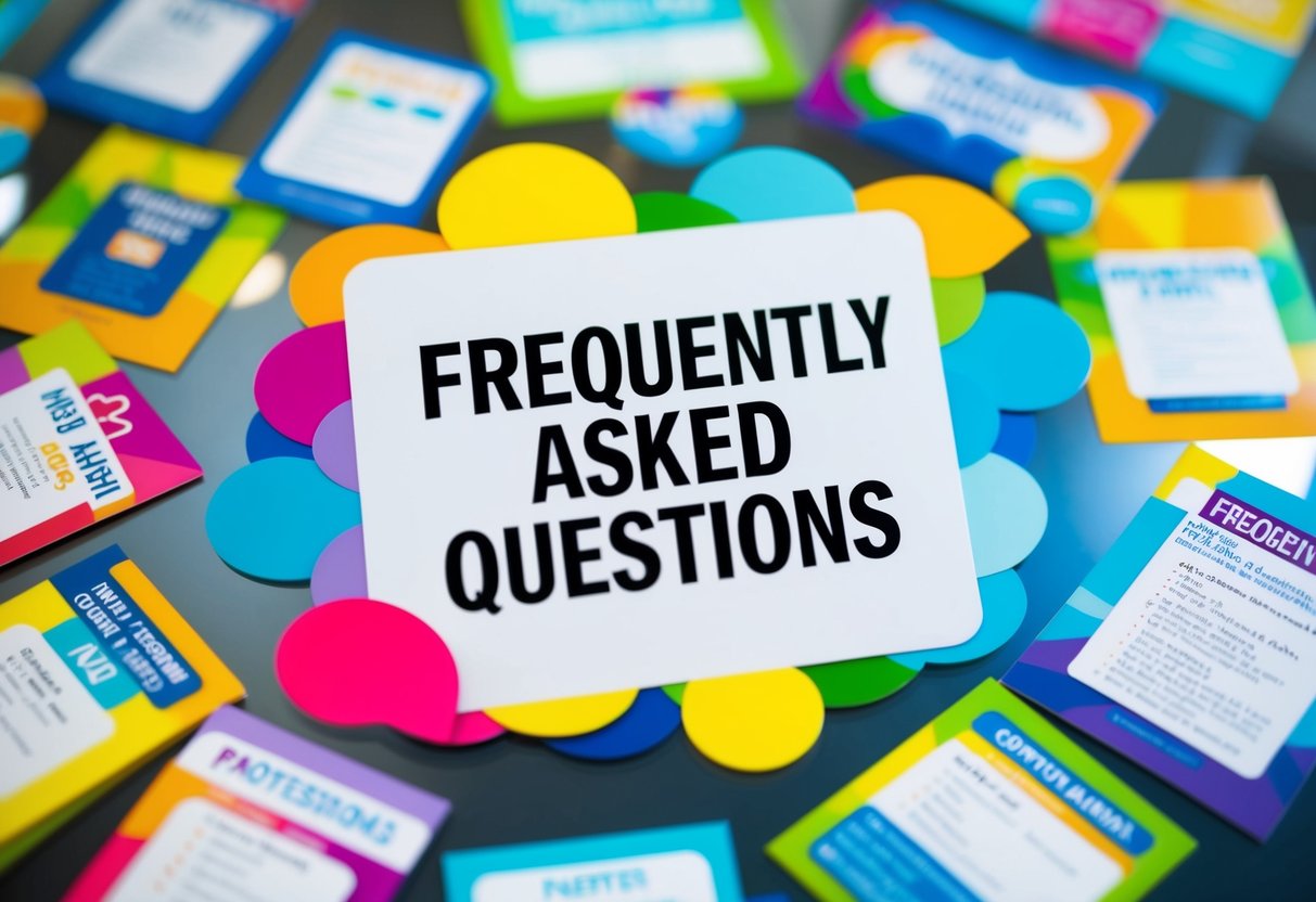 A colorful display of promotional materials with a "Frequently Asked Questions" section highlighted, surrounded by eye-catching graphics and logos