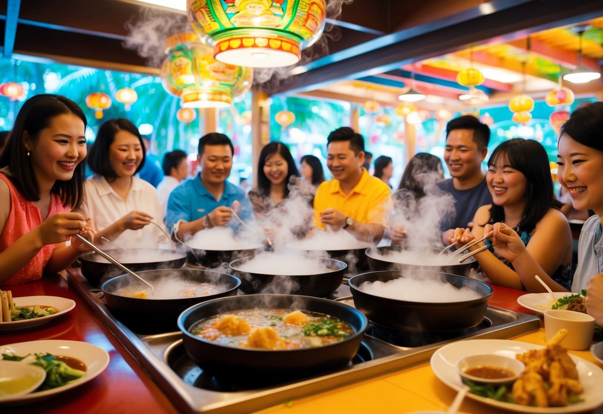 A colorful, bustling hotpot restaurant with steam rising from bubbling pots, surrounded by happy diners enjoying the paradise-themed decor