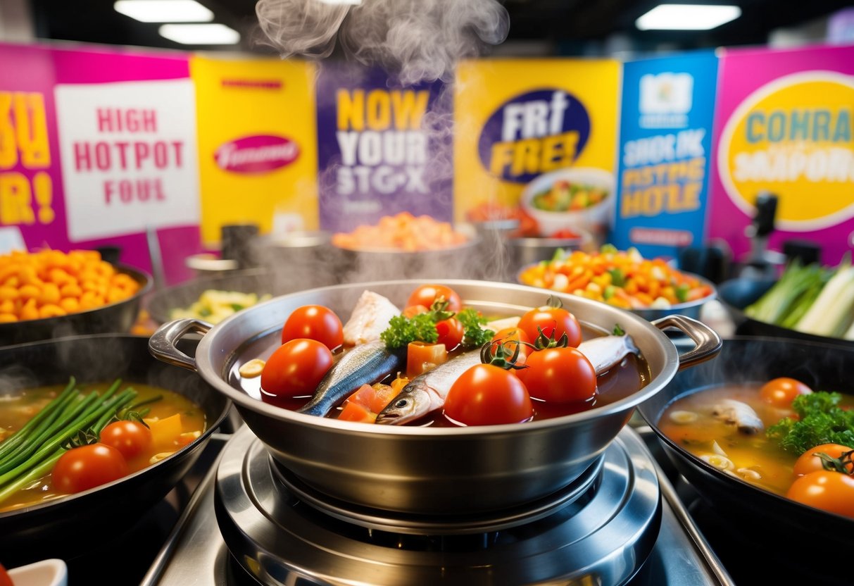A steaming hotpot filled with fresh tomatoes, fish, and assorted vegetables, surrounded by vibrant promotional signs and banners