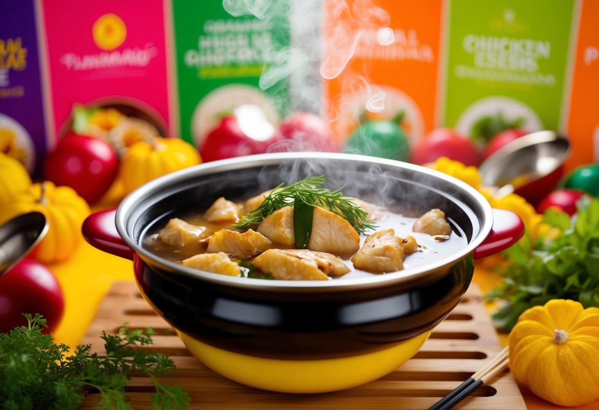A steaming hotpot filled with aromatic herbal chicken essence surrounded by vibrant promotional decor