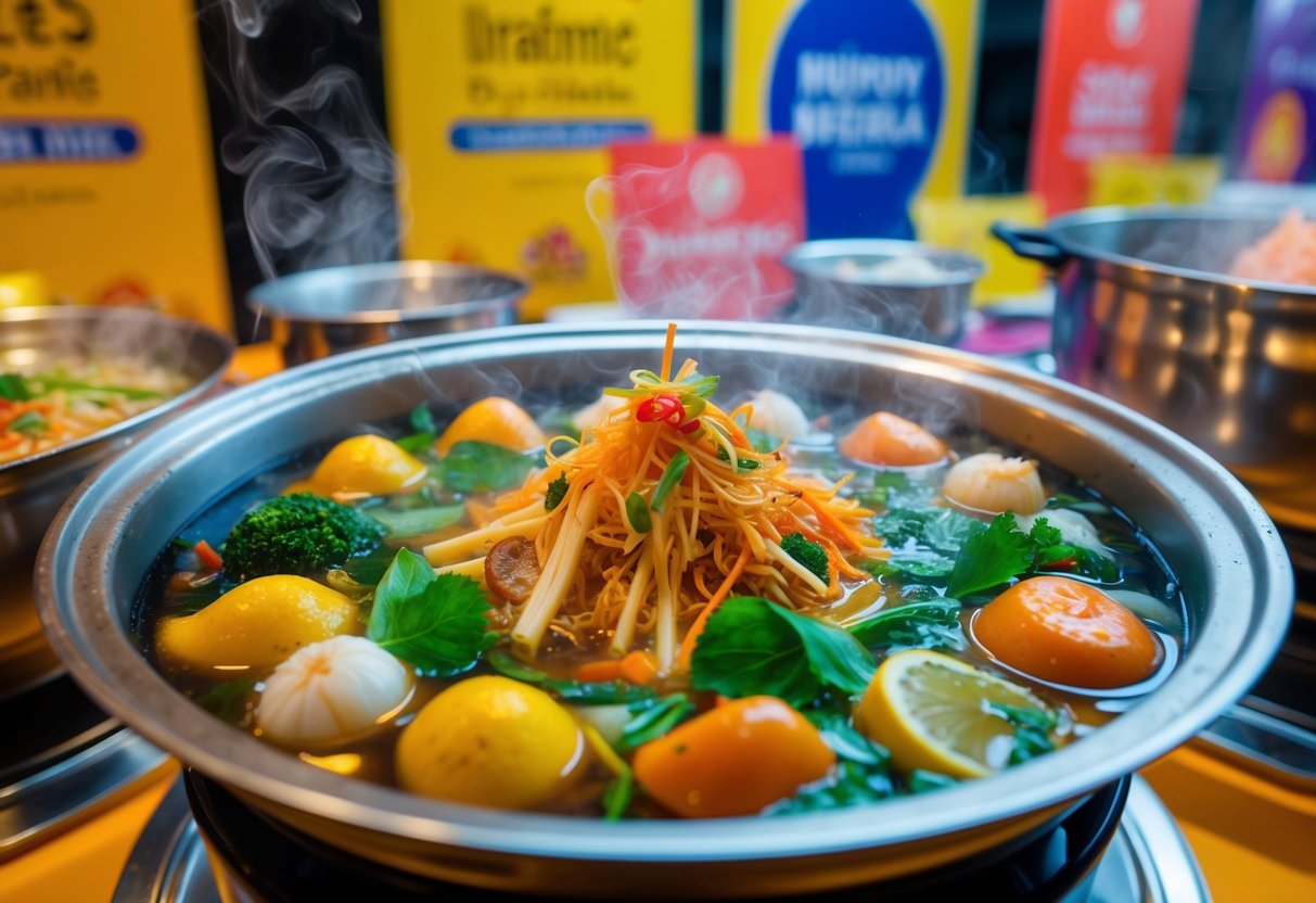 A steaming hotpot brimming with colorful Thai ingredients, surrounded by vibrant promotional decor