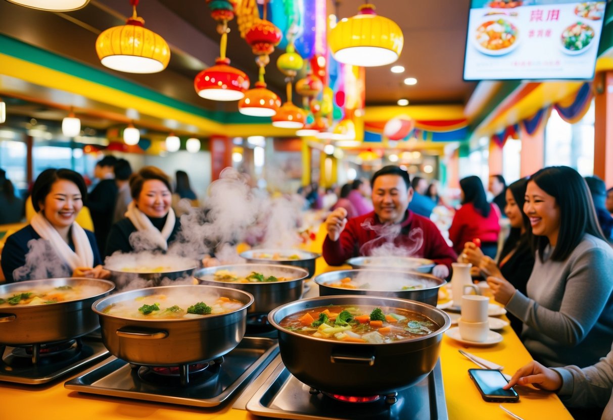 A colorful, bustling restaurant with steaming hotpots, vibrant decor, and happy customers enjoying the promotional offerings