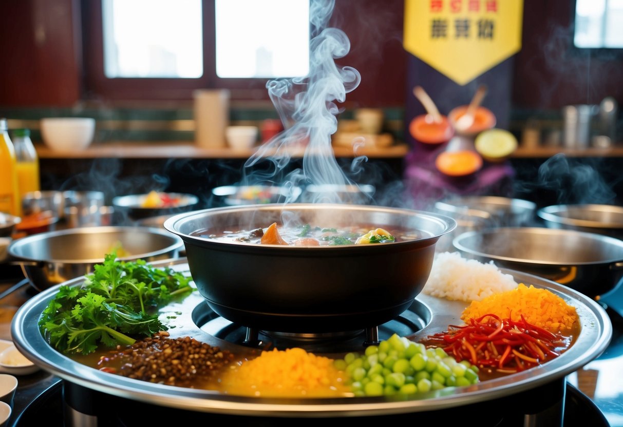A steaming hotpot surrounded by colorful ingredients and a promotional banner