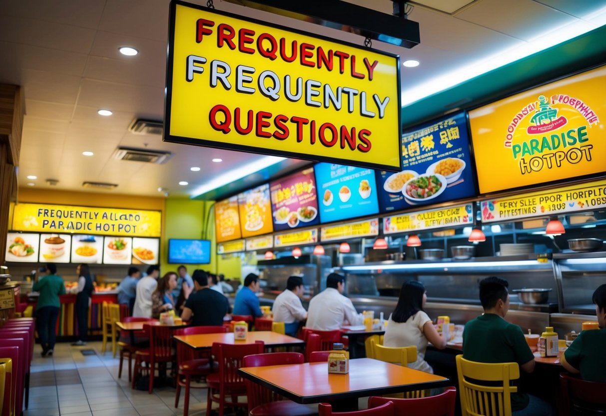 A colorful and bustling restaurant with a prominent "Frequently Asked Questions" sign and various promotional displays for Paradise Hotpot
