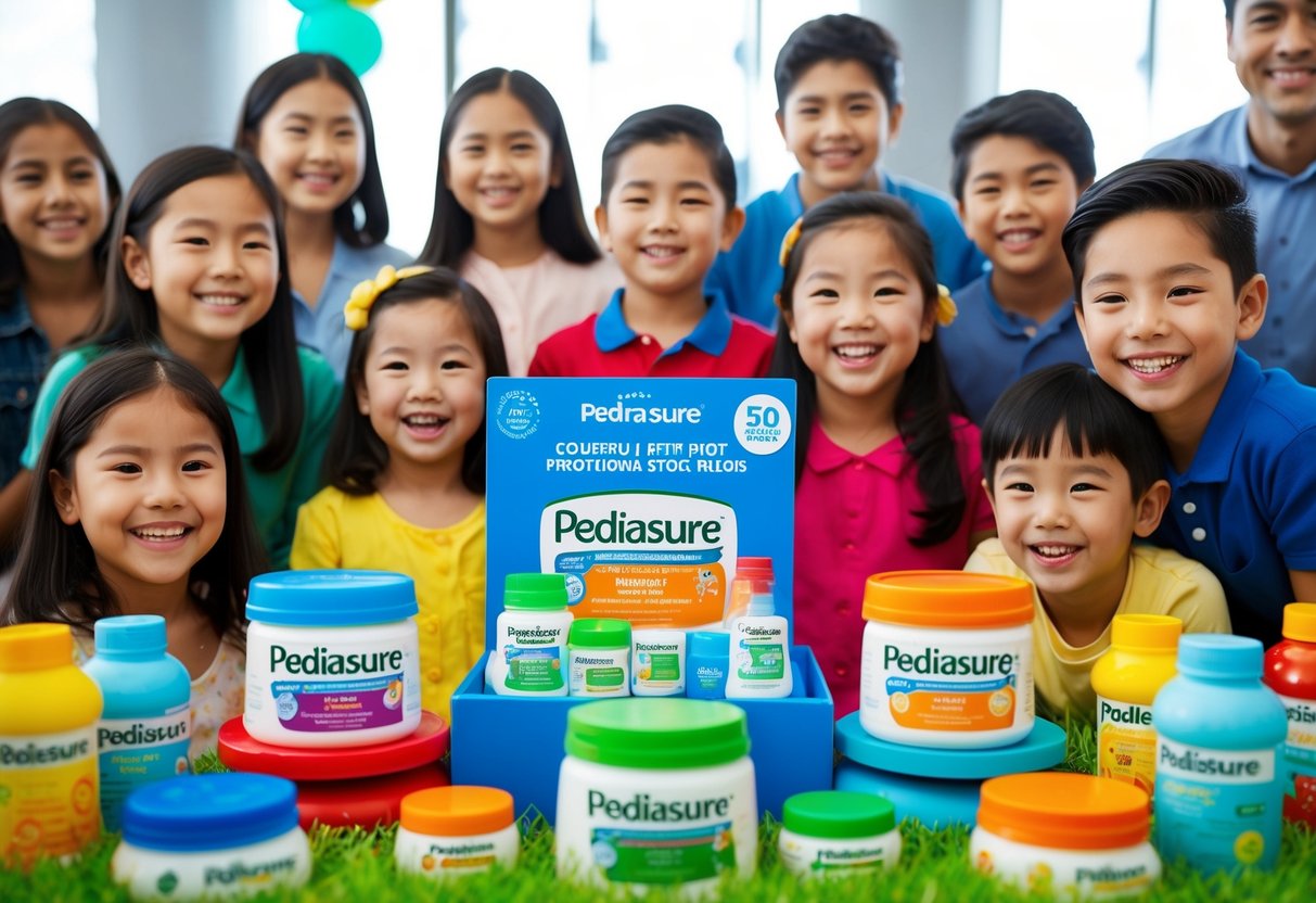 A colorful display of Pediasure products surrounded by happy children and families at a promotional event