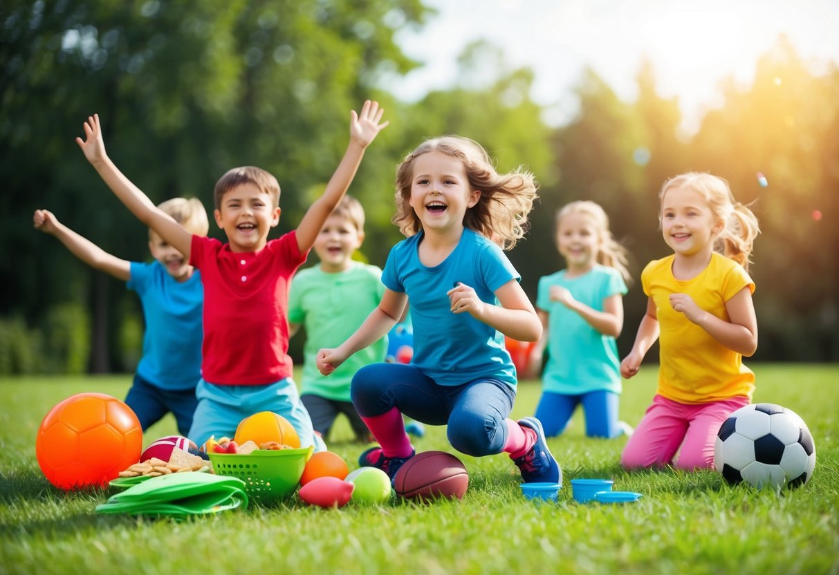 A group of happy, energetic kids playing outdoors, surrounded by sports equipment and healthy snacks