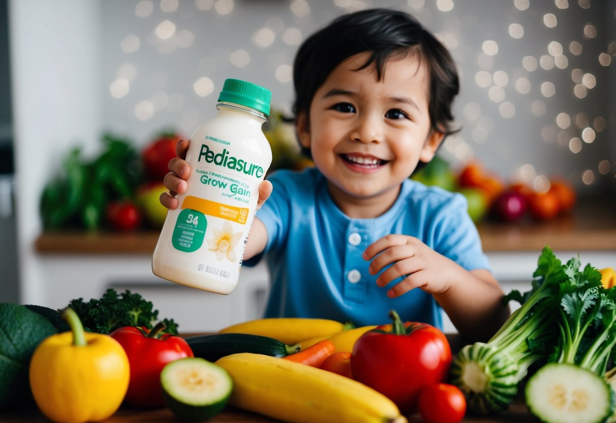 A happy child holding a bottle of Pediasure Grow & Gain Vanilla Shake, surrounded by colorful fruits and vegetables