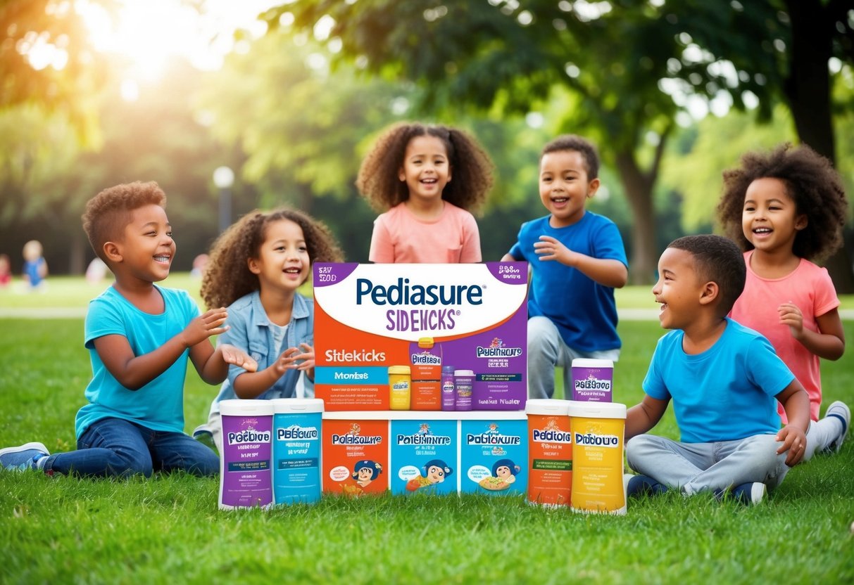A colorful display of Pediasure Sidekicks products surrounded by happy, healthy children playing and laughing in a park