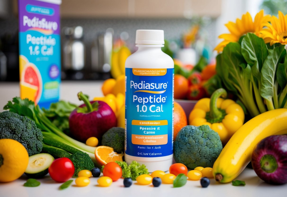A colorful bottle of Pediasure Peptide 1.0 Cal surrounded by vibrant fruits and vegetables, with a banner promoting its benefits for kids with GI conditions