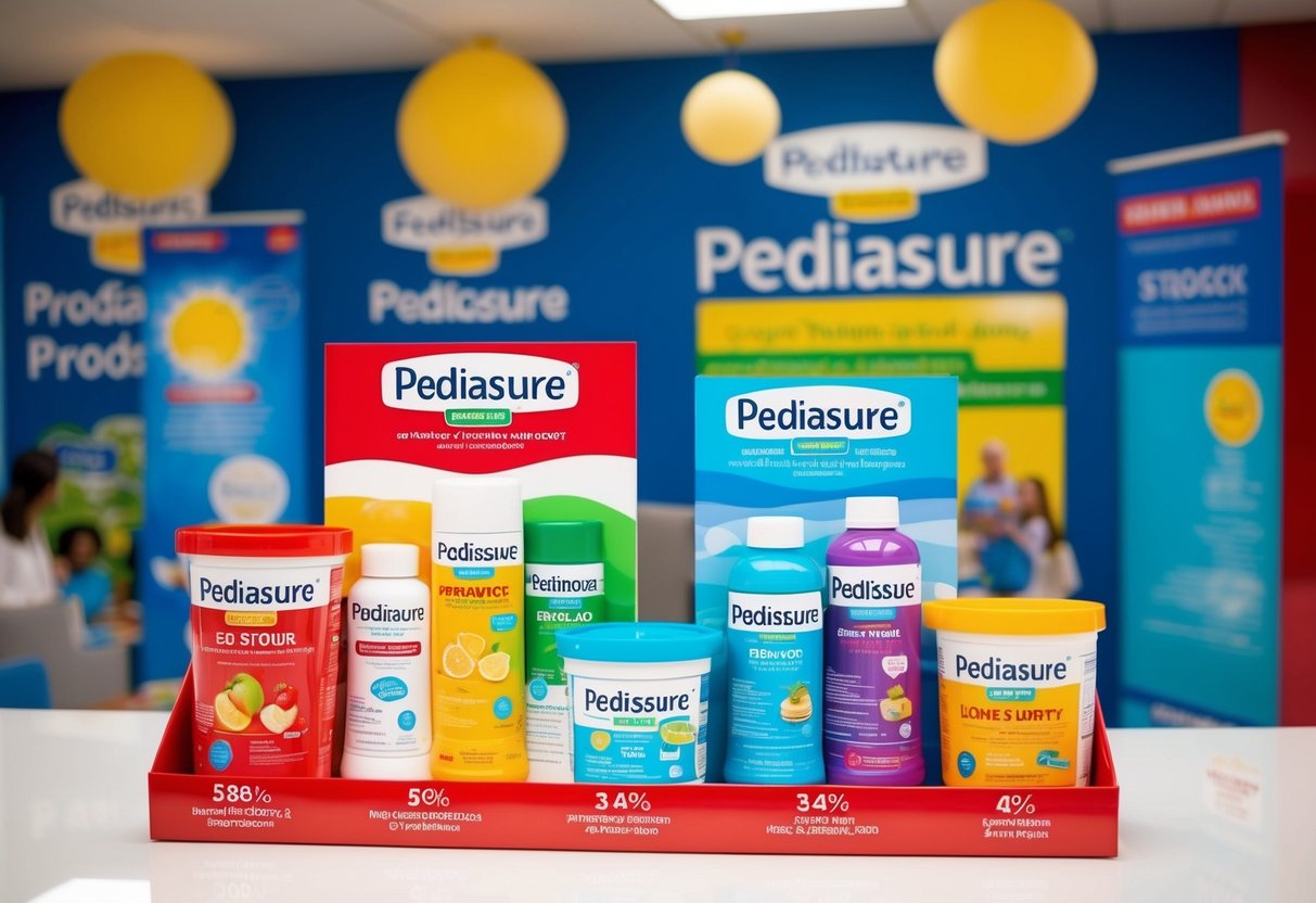 A colorful display of Pediasure products with promotional signage and banners