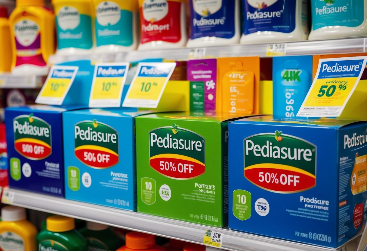 A colorful display of Pediasure products with prominent discount stickers and promotional signs