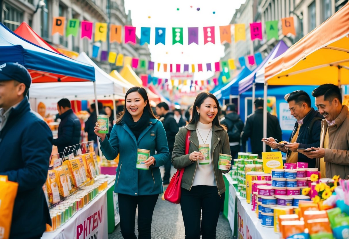 A bustling street fair with colorful banners, tents, and excited customers browsing Phiten products. A lively atmosphere with promotional activities and demonstrations